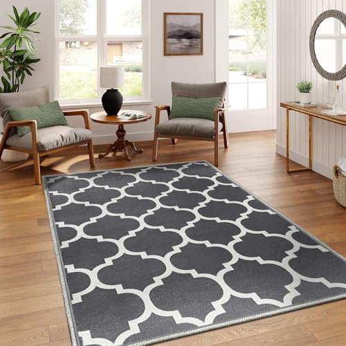 AMEHA Rugs Living Room - Grey Area Rugs for Bedroom Small Bedside mat 60x110 cm Anti Slip - Modern Carpet Non Shedding Trellis Style Durable Soft Low Pile Rug for Kids Room Easy to Clean (Ava Grey)