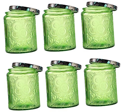 PLAFOPE 6 vasos para velas, tarros de velas para hacer velas, recipientes de pudín con tapas, suministros para fiestas, portavelas de almacenamiento, latas de vidrio verde