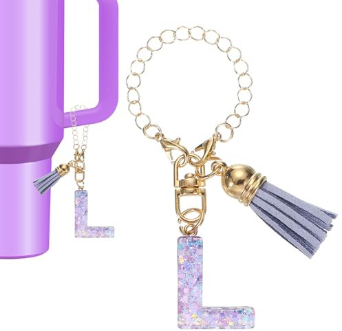 PATIKIL Letter L Charm Accessory for Stanley Tumbler Cup, Purple Sparkling Sequins with Tassel, Unisex, Women, Girls, Personalization, Tumbler Cup Handle, Keychain, Boho Style