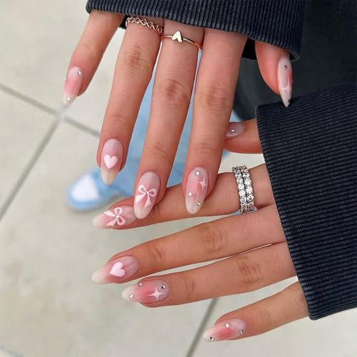 Press On Nails Almond, 24Pcs French False Nails, Pink Love Heart Bow French Fake Nails, Full Cover False Nails Glitter Rhinestones Stick on Nails for Women and Girls Nail Art