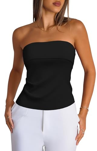 Arach&Cloz Damen Silk Blend Tube Top Sommer Bluse Ruched Trägerloses Bandeau Tank Tops Schulterfrei Oberteil Outfits Schwarz M