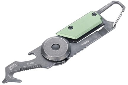 TROIKA Mini attrezzo con 5 funzioni – EGON CARD – Coltello a pacchetto – Moschettone – Piccola lama – 420 acciaio inox – alluminio – anodizzato – verde, stonewash – TROIKA originale