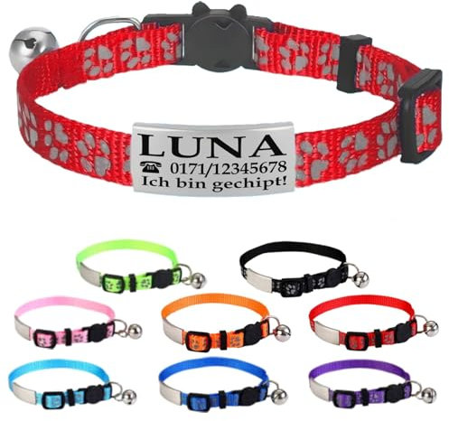Ibera gifts - Katzenhalsband Personalisiert, Katzenhalsband mit Namen Für Katzen mit Sicherheitsverschluss Selbstöffnend, Reflektierend (Rot)