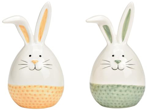 matrasa 2X Hase in Eiform aus Keramik - Apricot & Grün - Osterhase Dekohase Osterdeko 8x14x8cm