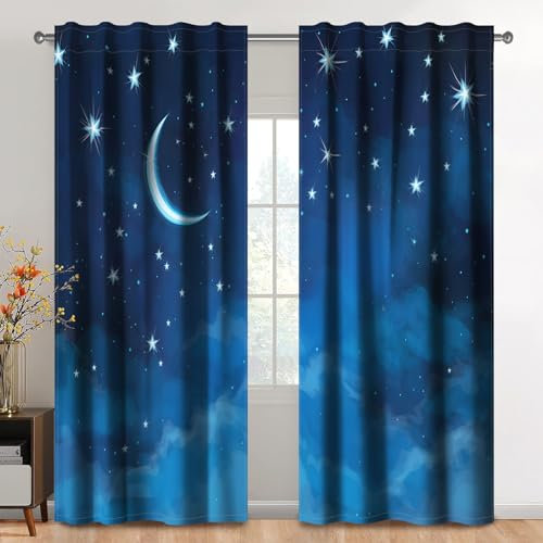 Kzzfqxb 140×229cm Starlit Sky Vorhangset aus 2 Paneelen, Blauer Mond Sterne Nacht Himmel Sternenhimmel Bedruckte vorhänge für Kinder, Schlafzimmer Wohnzimmer Fenster Vorhänge