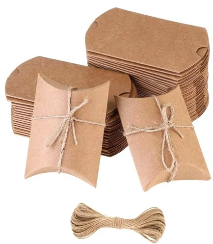100 cajas de regalo, caja de papel Kraft marrón vintage, caja de regalo de caramelos de boda de Navidad, pequeña caja de regalo en forma de almohada con 100 cuerdas de cáñamo