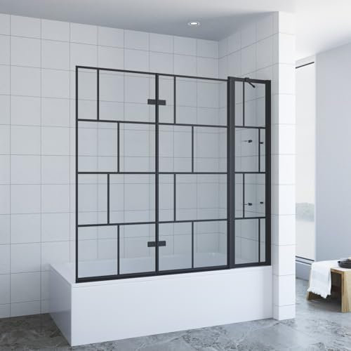 Paroi de douche pour baignoire - 150 x 140 cm - 3 pièces - Pliable - Noir - Décor à carreaux - En verre de sécurité - Avec partie fixe et étagère - 5 mm AQUABATOS