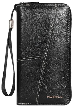 Tokaneit Portafoglio Pelle Multifunzione Grande Capacità Uomo, Grande Capacità Portafoglio Lungo Uomo, Cerniera e Cinturino da Polso Rimovibile per Contenere il Cellulare, Semplice, Nero