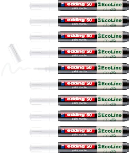 edding 50 EcoLine paint marker – white – pack of 10 – round nib 2-3 mm – water-based ink, highly opaque & waterproof – pen for glass, stone, wood, plastic and paper