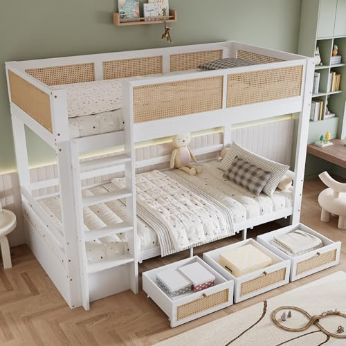ZYLOYAL10 Etagenbett mit Handlauf und Fenster, Hausbett, Kinderbett mit Fallschutz und Gitter, Rahmen aus Holz (90x200cm) (Weiß+Natur - G)