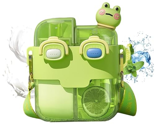 Lawnrden Cute Water Bottle for Kids, Kawaii Water Bottle Dual Chamber with Straw & Strap & Lock 530ml Portable Leakproof for School Sport Travel, Green