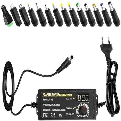 Einstellbares Netzteiladapter, 3V-24V Universal Netzteil Adapter | 5A 120W Einstellbarer Netzadapter, AC/DC 100V-240V mit LED Spannungsanzeige und 14 Stück DC Stecker, für Router, Projektor