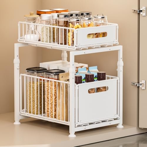 JOUING Küchenschrank Organizer Küchenregal aus Metall 2 Etagen Putzschrank Organizer mit Aufbewahrungskörben Ausziehbar Unterspüle für Badezimmer (Weiß)