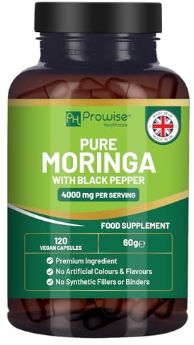 Feuille de moringa pure 4 000 mg par portion, additionnée de poivre noir, 120 capsules végétaliennes | Complément alimentaire à base de feuilles de moringa oleifera