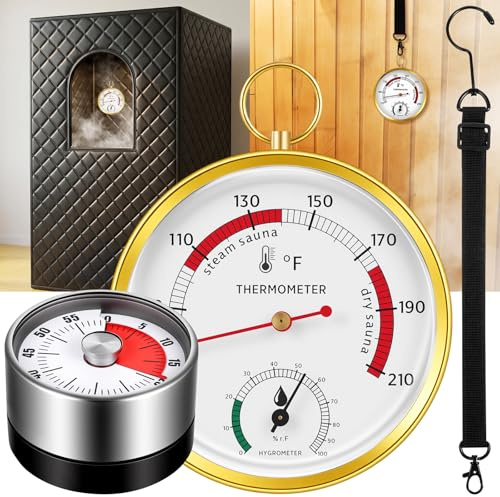 Tellegloww 2 termometri e igrometro per sauna, timer, con cordino per scatola portatile per sauna a vapore, ideale per uso a infrarossi/interni/domestici, accessorio essenziale e regalo per gli