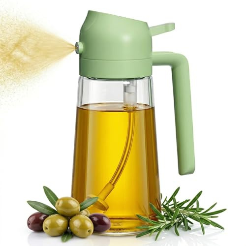 Oliera 2 in 1: nebulizzatore e dispenser di olio [doppia funzione] – Bottiglia in vetro da 500 ml per cucinare e friggitrice ad aria, antigoccia con cambio automatico (senza BPA), utensili da cucina