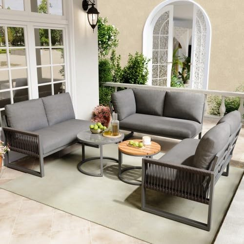 vutizal Gartenmöbel Set Sitzgruppe Outdoor, 6-7 Personen Eckbank Lounge mit 86cm hoher Rückenlehne, Terrassen- & Balkonmöbel mit 2 Tischen & Armlehnen, Glasplatte in Marmor-/Holzoptik