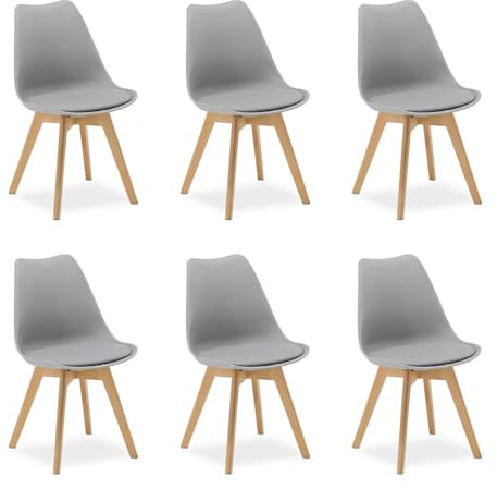 Homestyle4u Esszimmerstuhl Grau 6er Set Küchenstuhl Kunststoff Sitzschale, Holzbeine, Moderner Stuhl Minimalistisch, 6 Stück Set, 3349