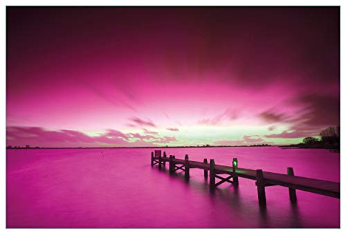 Wallario Küchenrückwand selbstklebend 90 x 60 cm, Motiv: Steg bei Abenddämmerung -Himmel bei Nacht Lila gefärbt | Spritzschutz abwischbar & pflegeleicht