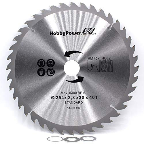 1 lama per sega circolare 254 x 30 mm, 40 denti + 3 riduttori da 25,4/20/16 mm, per sega circolare da banco Scheppach HS105, HS110.