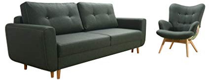 Robin Sydney Möbel-Set Sofa und Sessel Schlaffunktion Bettkasten Kissen Schlafsofa Freistehende Eckcouch Schlafcouch Wohnzimmermöbel-Set Wohnlandschaft Holzfüße Grün