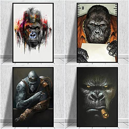 Yuefa Art Wand Leinwand Malerei Artcolour Tattoo Gorilla Affe Poster Print HD Bilder Junge Zimmer Home Ästhetik Dekor Leinwand 50x70cm (20x28in) x4 Rahmenlos