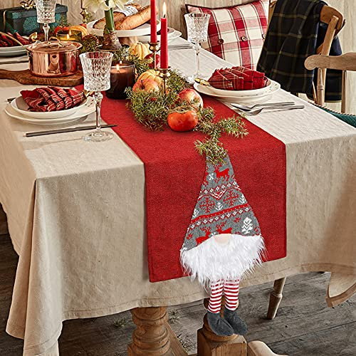 SOMYTING Weihnachtstischläufer 3D 180cm Lange schwedische Tomte Weihnachtsmann Tischdecke Thementisch Flagge Abdeckung für Weihnachten Urlaub Party Tischdekoration Baumwolle Leinen Tischläufer (Rot)
