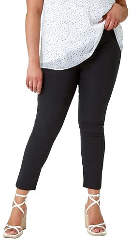 Roman Originals Stretch Trousers for Women UK Ladies High Waisted Pants Pull On Leggings Smart Slimming Office Work Fitted Tailored Tapered Regular & Plus Sizes - Plus Black (28 in) - Size 30
