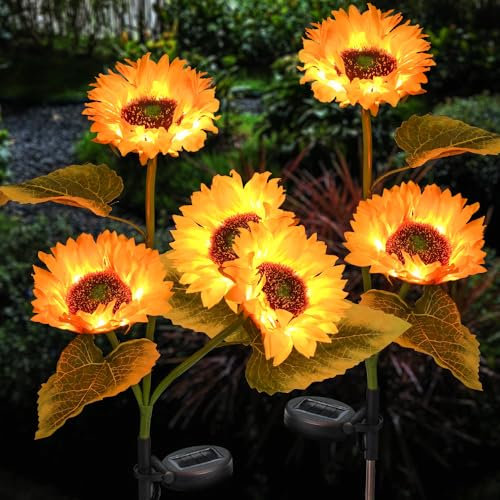 Aolyty Solar Sunflower Lights, 2Packs LED Waterproof Flower Lights Sunflower Stake Lamp Outdoor Artificial Ornaments Night Light Decoration Light for Pathway Patio Yard Party Wedding (3 Heads)