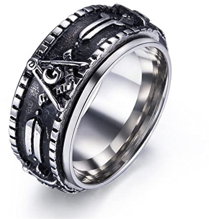 RobertDTesta Freimaurer-Siegelring Für Herren, Gotischer Vintage-Mode-Spinning-Freimaurer-Edelstahlring,Silber,11