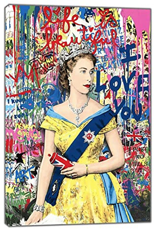 Queen Elizabeth II I Love You Pop/Street Art Bild auf gerahmter Leinwand, Wandkunst, Heimdekoration, 60 x 50 cm, 18 mm Tiefe