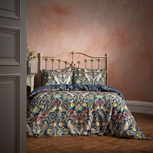 Edinburgh Weavers EW Songbird Duvet Cover Set – Floral Bird Print 100% Cotton, Cord Piped Trim (Navy – King)