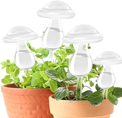 E-feilai Hight-Class Texture Mushroom Plant Waterer for Gift, Automatic Irrigation Device for Vacations,Glass Watering Globe,Plant Self-Watering Spikes Stakes for Indoor Outdoor Plants (4pcs, Clear)