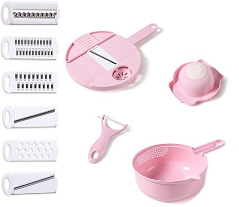10 in 1 Mandoline Gemüsehobel Gemüseschneider Gemüsehobel Spiralschneider - Multischneider V Hobel Gemüse Schneider mit Behälter Gurkenhobel - Multifunktion Gemüseschneider Edelstahl Klinge,Rosa