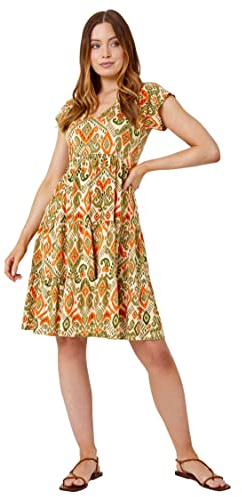 Roman Originals Aztec Print Tiered Tea Dress for Women UK - Ladies Everyday Holiday Spring Summer V Neckline Comfy Soft Evening Vacation Work Party - Khaki - Size 20