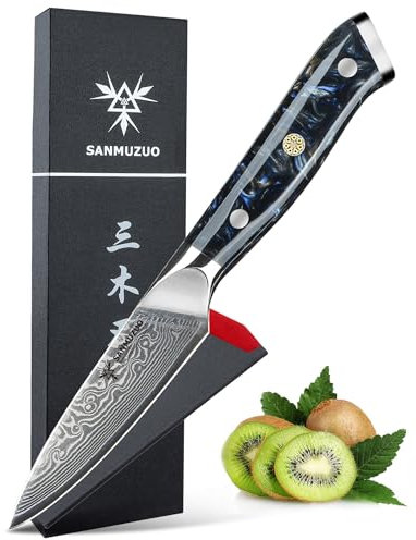 SANMUZUO Schälmesser Damastmesser 9 cm Klinge - Japanisches Obst und Gemüsemesser Officemesser - VG 10 Damaskus Stahl Küchenmesser mit Harzgriff - Xuan Serie(Sternenschwarz)