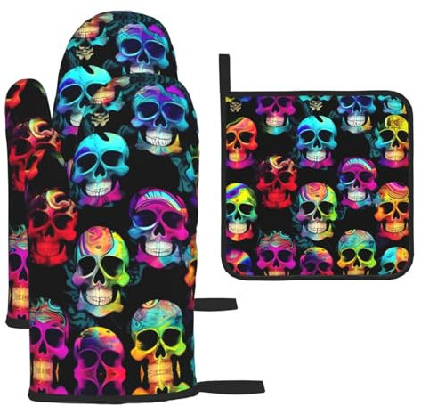 BROLEO Farbige Totenkopf-Ofenhandschuhe und Topflappen-Sets - 2 Ofenhandschuhe und ein Topfdeckelpolster für verbrühungsfreies Kochen, dick, langlebig