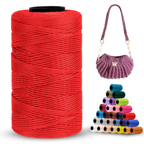 LEREATI Polyester Garn 1mm x 230m Makramee Garn 1mm Baumwollgarn Polyester Macrame Cord Polyester-Seil Baumwollkordel für Handtasche, Umhängetasche, Häkeltasche, Strickwaren (Rot)