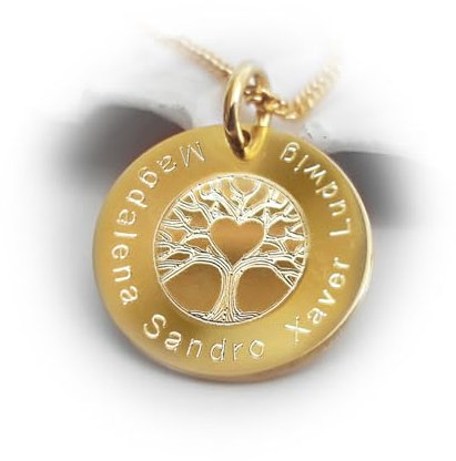 Baum des Lebens mit Herz, Personalisierte Kette mit Namen, gravierte vergoldete Familienkette, Geschenk für Frauen
