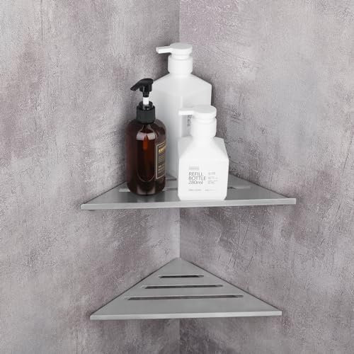 ZGTMSZ Mensola Doccia - Installazione di Perforazione, Portasapone Doccia, Cestino Doccia Angolare, Acciaio Inox SUS304 Portaoggetti Doccia, Porta Shampoo Doccia (Argento, 2 Pezzi)