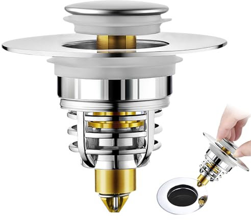 Universal Pop Up Washbasin Plug,Bathroom Sink Plug,Stainless Steel Push Style Plug for Sink,Pop Up Sink Hole Plug Cover with Strainer for 32-41mm Drain Holes (1PC)