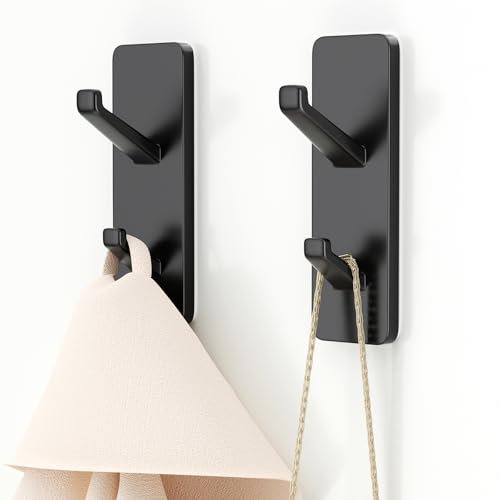Self Adhesive Hooks for Hanging - Adhesive Hooks Safely Holds Up to 6kg, Stick on Hooks Heavy Duty, Coat Hook, Shower Hooks,Towel Hooks for Bathroom,Wall Hooks for Hanging Towel Hat Key, Black, 2 Pack
