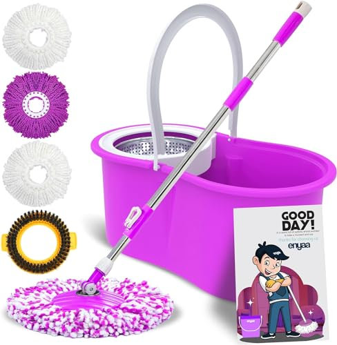 Enyaa Premium Mop and Buckets sets-with 4 Mops Heads, Adjustable Pole,Super Absorbent Microfiber Spin Mop and 6L Bucket with Stainless Steel Wringer- Complete Cleaning Floors Kit-(Purple)-SM-021