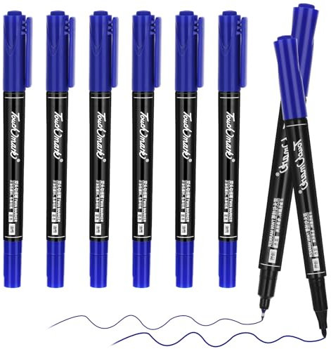 Jeffdad 6 Stück Permanent Marker Fein, 0.5/1.0mm Doppelspitze Permanenter Marker Schwarz Wasserfest Filzstifte mit Feiner Spitze Permanent Marker Dünn für Glas Stein Holz Keramik Zeichnen(Blau)