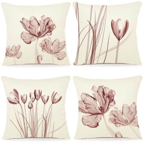 ZWJD Blumen Kissenbezug 40x40 4er Set Outdoor Kissen Dekokissen Leinen Kissenhülle Kissenbezüge Florales Aquarellgemälde Kissenhüllen für Sofa Wohnzimmer Zierkissen 40x40cm