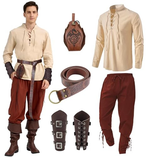 JONRRYIN Mittelalter Kleidung Herren Set, Herren Renaissance Kostüm Set mit Leinenhemd Herren Mittelalterliches Piratenhemd, Mittelalter Hose mit Knöchelriemen, Gürtel Zubehör (Beige Braun, M)