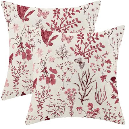 Juego de 2 fundas de almohada de Navidad de 16 x 16 pulgadas, color rojo borgoña, diseño floral de temporada para exteriores, cuadradas, de lino, decoración de granja, para el hogar, sofá, cama