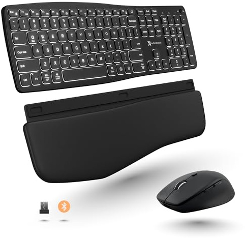 X9 Backlit Wireless Keyboard and Mouse (Bluetooth + 2.4G) Ergonomic Keyboard and Mouse Wireless Combo with Detachable Wrist Rest, Rechargeable, Full-Size Set for Phone, Computer, Laptop, Mac