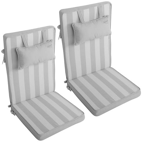 LILENO HOME Gartenstuhl Auflagen mit Kopfkissen [2er Set - Hochlehner] in Blockstreifen Grau - Sitzauflagen für Gartenmöbel - Stuhlkissen für Gartenstühle und Klappstühle Dub