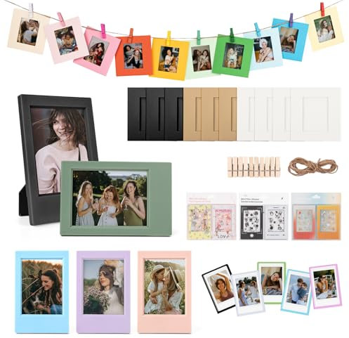 HIYQIN 2x3 Mini Picture Frames Accessories Kit for 3” Instax Film, for Fujiiflm Mini Photo Display, Magnetic Photo Holder, Funny Border Stickers, and Hanging Paper Frames - Colorful